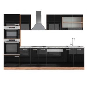 Cuisine R-Line, 300 Cm Avec Armoire Haute, Pt Marbre, Noir Brillant/Chêne Doré, Vicco