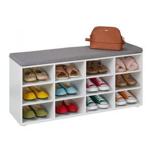 Relaxdays Banc à Chaussures, 12 Compartiments, H x L x P : 48 x 104 x 30 cm, pour l'entrée ou la Chambre, Blanc et Gris