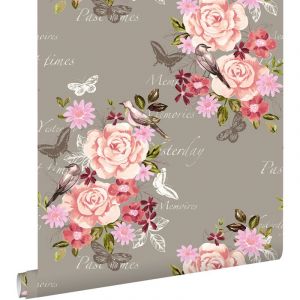 Estahome - papier peint fleurs et oiseaux brun sépia