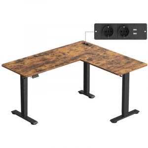 Bureau &eacute;lectrique r&eacute;glable en hauteur table d&rsquo;angle 140 x 160 cm avec multiprise fonction m&eacute;moire 2 hauteurs pour t&eacute;l&eacute;travail marron
