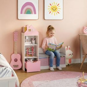 Banc pour enfant avec &eacute;tag&egrave;re Vipsali 100 x 99 x 30 cm blanc rose [en.casa]