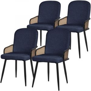 ML-Design Lot de 4 Chaises de Salle à Manger en Tissu Bleu Foncé, Accoudoirs en Rotin et Pieds en Métal Noir, Assise Rembourrée Confortable,