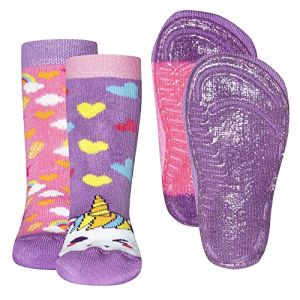 Ewers Lot de 2 chaussettes antidérapantes avec licorne, 2 paires de chaussettes enfants pour filles taille 35-38