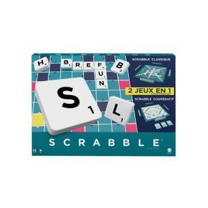 Mattel Scrabble 2 Jeux en 1 Version Francaise - Plateau reversible - Jeu lettres mots croises - Set Jeu societe Classique et Carte