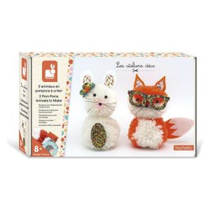 Janod Les ateliers d&eacute;co - pompons 2 petits animaux - kit loisir cr&eacute;atif enfant - apprentissage motricit&eacute; fine et concentration