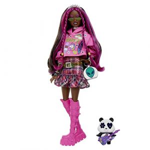 Image de Mattel Poupée Extra - Aux cheveux bruns striés de rose et son panda" - HKP93