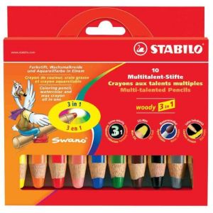 Stabilo Woody Lot de 10 crayons de couleur, aquarelle et craie de cire, 3 en 1, avec taille-crayon et argent, dor&eacute;