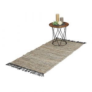 Image de Relaxdays Tapis tissé, 70 x 140 cm, coton et cuir, descente de lit à franges, antidérapant, gris