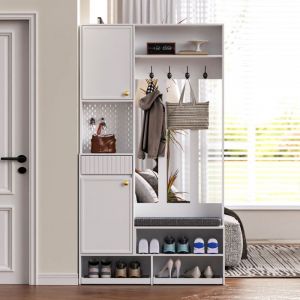 Porte-Manteau, Meuble d'Entrée, Vestiaire, Portant, avec Banc et Étagères à Chaussures, Crochets, Blanc