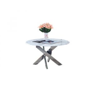 Table basse ronde JESSY pieds chrome et plateau en verre MARBRE BLANC 80 cm