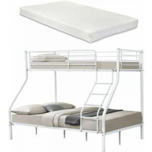 Décoshop26 Lit superposé en Métal avec 2 Matelas Armature Massive pour 3 personnes 140 x 200cm 90 x 200cm Blanc - blante