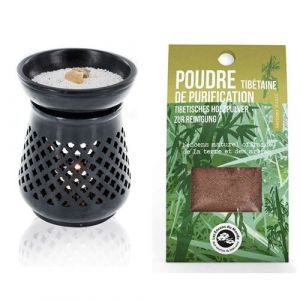 Les encens du monde Diffuseur porte-encens en pierre noire + poudre encens tibétaine