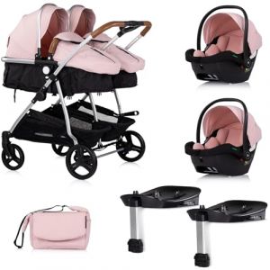 DUO SMART Poussette jumeaux ou enfants rapproch&eacute;s largeur 79 cm Rose + 2 cosy i-Size rose avec base Isofix