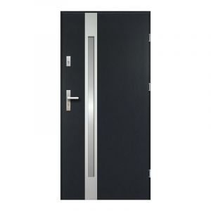 Vente unique Porte d'entr&eacute;e en acier vitr&eacute;e avec inox H 207 x l 100 cm anthracite poussant droit braga Gris anthracite