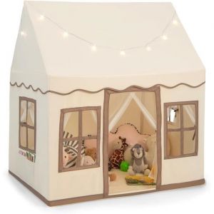 COSTWAY Tente de Jeux pour 3 4 Enfants, Guirlandes L ineuses Étoiles, Tapis en Velours Corail Lavable,121 x 101 x 138 CM Beige