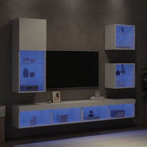 VidaXL Unit&eacute;s Murales TV avec LED 5 pcs, Armoires de T&eacute;l&eacute;vision Suspendues, Meubles T&eacute;l&eacute; Flottants, Moderne, Blanc Bois d'Ing&eacute;nierie