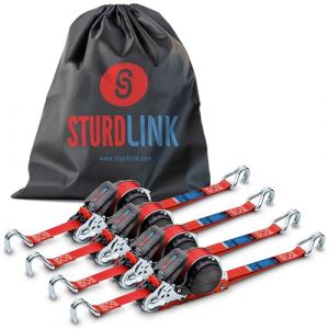 Sangles a Cliquet Automatiques 5m 25mm Crochets J LC 350kg/700kg en U Enrouleur Automatique Lot de 4 Sangles Arrimage + Sac