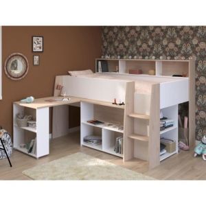 Lit combiné 90 x 200 cm avec bureau et rangements - Blanc et naturel + Matelas - APOLINO