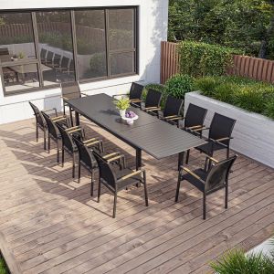 Table de jardin extensible aluminium 220/320cm + 12 Fauteuils empilables textilène Gris Anthracite - LAZARE 12