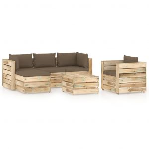 VidaXL Salon de jardin 6 pcs avec coussins Bois impr&eacute;gn&eacute; de vert - Taupe et marron
