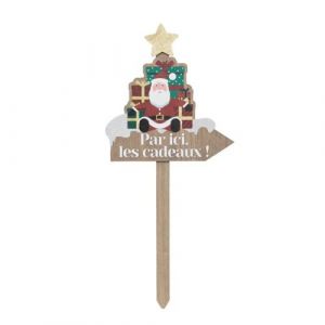 Pancarte P&egrave;re No&euml;l en Bois avec cadeaux et message H 60 cm