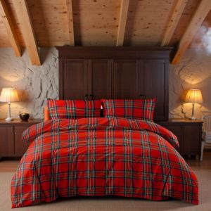 Housse de couette &eacute;cossaise rouge - Parure de lit 100 % pur coton - Fabriqu&eacute; en Italie, style tartan classique Cm. 200X200