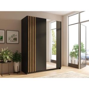 Armoire 2 portes coulissantes - Avec miroir - L200 cm - Noir et naturel - calela
