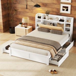Lit adulte double 160 x 200 cm avec 4 tiroirs, tête de lit partiellement rabattable, blanc