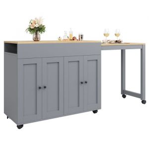 Table bar avec table extensible sur roulettes et grand espace de rangement &ndash; gris