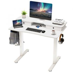 Costway - Bureau Assis-Debout Electrique 100x60 cm, avec 2 Tiroirs, Réglable en Hauteur, Support d'Ecran, 2 Crochets de Suspension, Blanc