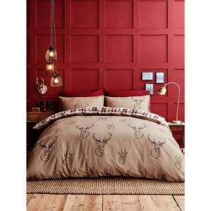Catherine Lansfield Housse de couette et taies doreiller - Stag roi - Beige - R&eacute;versible - 220x230 cm
