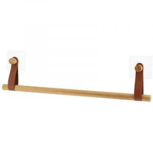 Tendance Porte-serviettes 1 barre en Bambou avec lani&egrave;res Marron caramel en simili cuir sur sticker