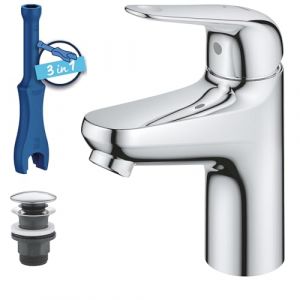 Grohe Swift Mitigeur Monocommande Lavabo, Economie d'Eau, Ouverture Eau Froide, Taille S, Vidage Clic Clac, Installation Facile, Chromé, 24323001