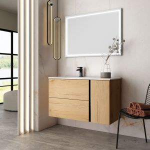Meuble de salle de bain vasque déportée - 2 tiroirs - prado et miroir Led veldi - 100cm