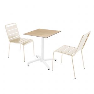 Oviala Ensemble table de jardin stratifi&eacute; ch&ecirc;ne clair et 2 chaises ivoire