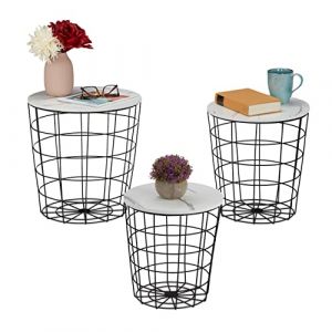 Image de Relaxdays Table Corbeille, Lot de 3, guéridon 3 Tailles, métal, Aspect marbre, Tablette Rangement pour Salon, Noir-Blanc