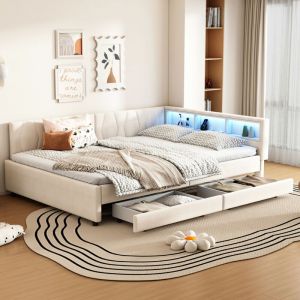 Lit enfant 140x200 cm avec LED et ports USB Type-C, rangements t&ecirc;te de lit, lin, beige(Sans matelas)