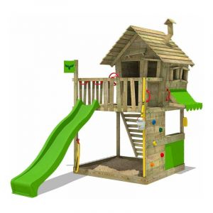 Image de Fatmoose Aire de jeux Portique bois GroovyGarden avec toboggan vert pomme Maison enfant exterieur avec bac à sable