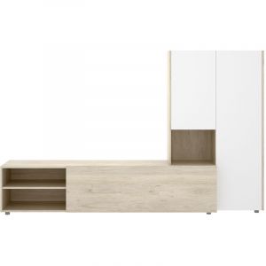 Ensemble de salon avec meuble TV + module haut en bois m&eacute;lamin&eacute; coloris ch&ecirc;ne naturel, blanc - Longueur 227 x Profondeur 40 x Hauteur 140 cm