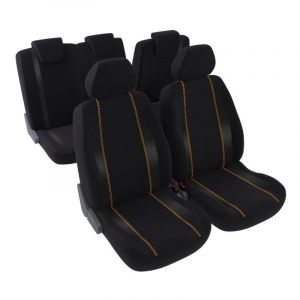 Jeu complet de housses de sièges - Universelles - Voiture/Auto - Lavable - Avant / Arrière 2/3-1/3 - Tissu noir avec surpiqure orange