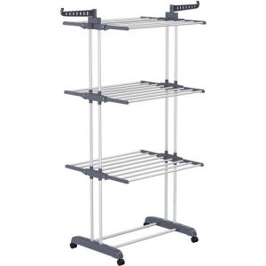 Séchoir à Linge Pliable à 4 Niveaux, avec 4 roulettes, Multifonctionnel en Acier Inoxydable, Gris