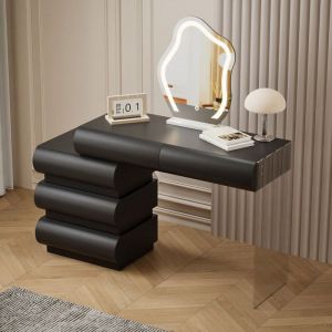 Cotecosy Coiffeuse avec 5 tiroirs arrondis et miroir design L102cm Mezade Noir