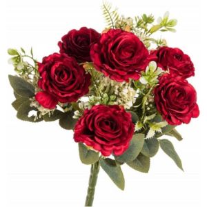 Ruedelafete Bouquet de 6 Roses et feuillage, 43cm rouge