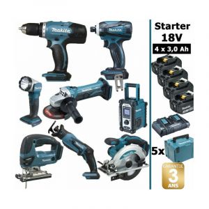 Image de Makita Pack Starter 8 outils 18V: Perceuse DDF453 + Meuleuse DGA452 + Visseuse à choc DTD146 + Scie sauteuse DJV180 + Scie circ...