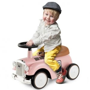 Voiture jouet rétro pour enfants Volant fonctionnel Espace de rangement sous le siège Grandes roues en EVA Voiture de marche de plain-pied avec autocollants mignons Rose