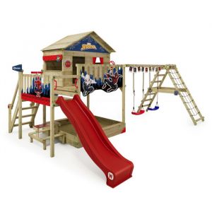 Wickey Aire de jeux Disney Quest avec balançoire & toboggan, maison sur pilotis avec bac à sable, échelle d'escalade & accessoires de jeu