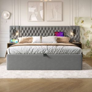 Lit coffre,lit double,lit adulte 180x200 avec lumi&egrave;re et fonction de chargement USB, lit capitonn&eacute; - velours,gris