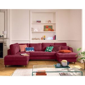 Anna - canap&eacute; panoramique dangle gauche 7 places convertible avec coffre en velours textur&eacute; - Prune