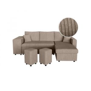 Loungitude Canapé d'angle réversible convertible OSLO avec coffre, 2 poufs à gauche en velours côtelé taupe