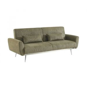 Canap&eacute; convertible design en velours c&ocirc;tel&eacute; kaki - Oskar - 3 places scandinave droit avec pieds m&eacute;tal chrom&eacute;